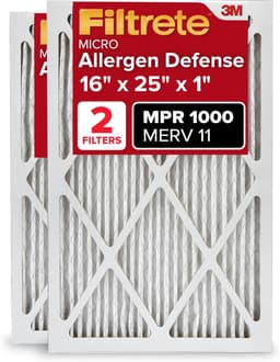 Filtrete 16x25x1 AC Furnace Air Filter, MERV 11, MPR 1000, Micro Allergen Defense, 3-Month Pleated 1-Inch Electrostatic Air Cleaning Filter, 2 Pack