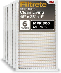 Filtrete 16x25x1 AC Furnace Air Filter, MERV 5, MPR 300, Capture Unwanted Particles, 3-Month Pleated 1-Inch Electrostatic Air Cleaning Filter, 6-Pack (Actual Size15.69x24.69x0.81 in)